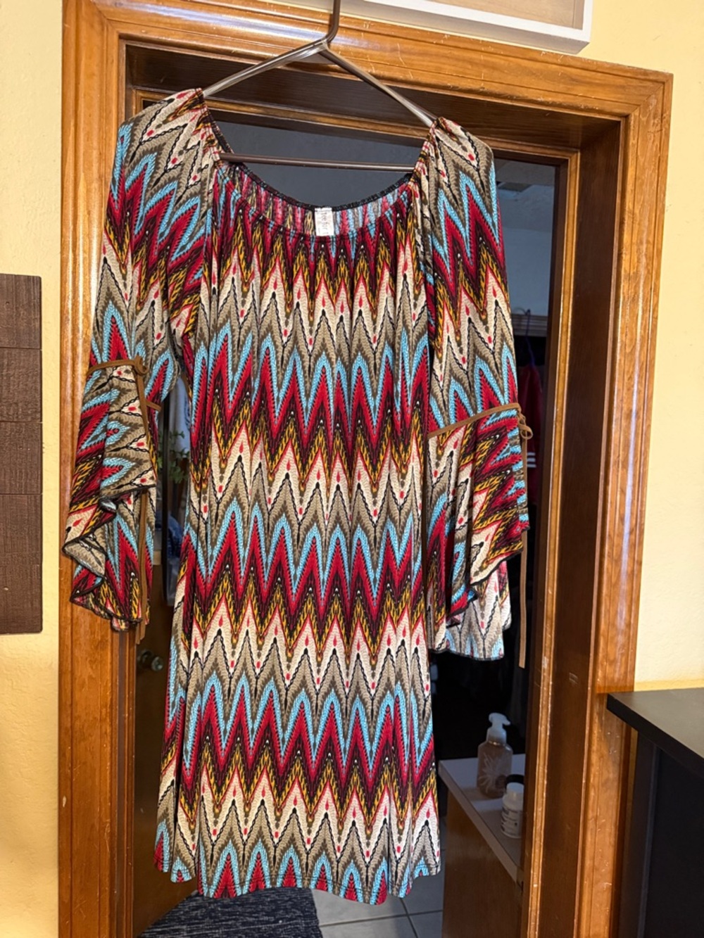Women's Chevron Print Mini Dress in Red, Turquoise & Cream